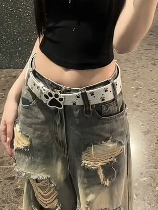 Y2K White Cat Paw Print Belt