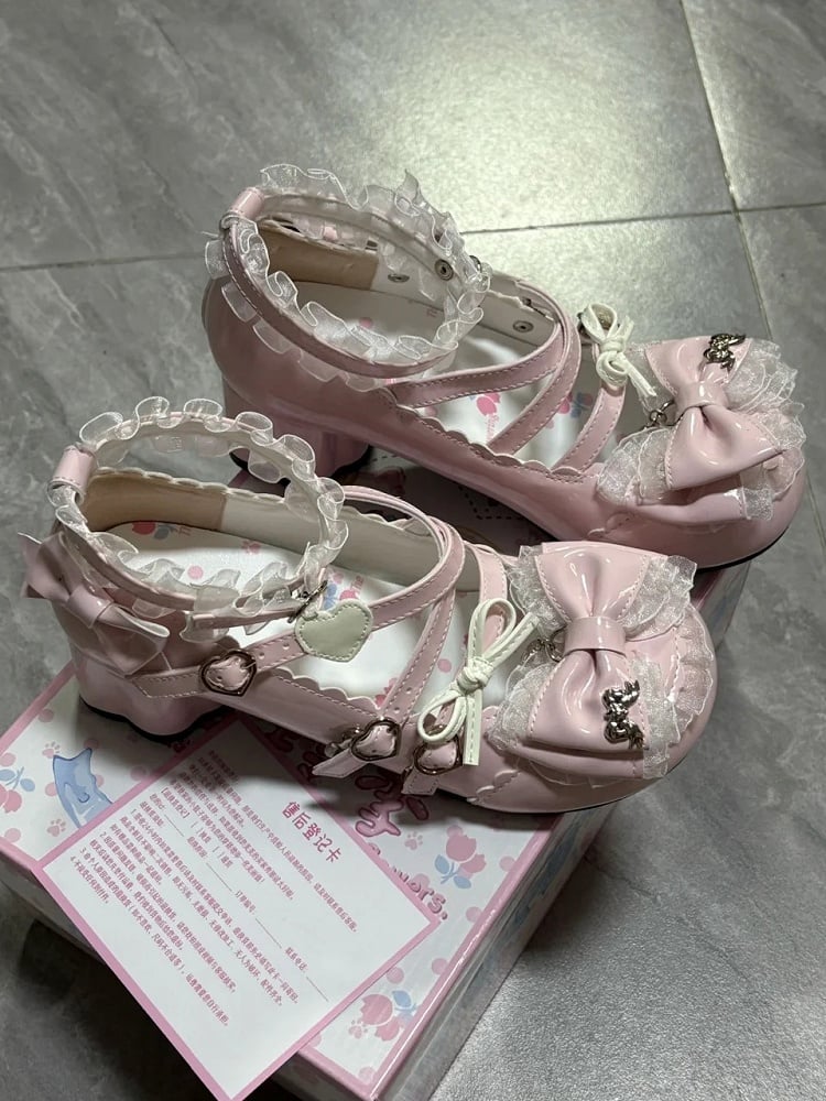 Mary Pink with Decor Mid-heel PU Leather Janes Bow in