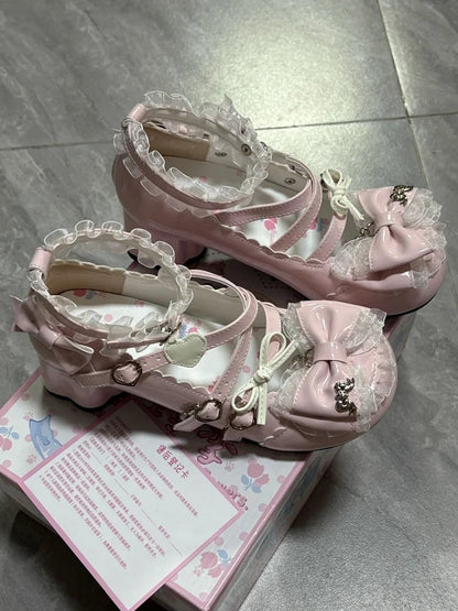 Mary Pink with Decor Mid-heel PU Leather Janes Bow in