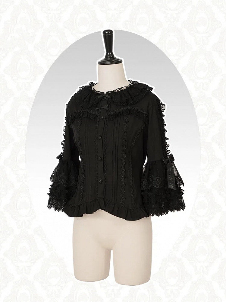 Sleeves Neckline Black 3/4 Lolita Ruffle Blouse