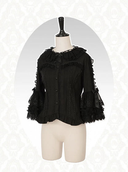 袖付きネックライン ブラック 3/4 ロリータ フリル ブラウス