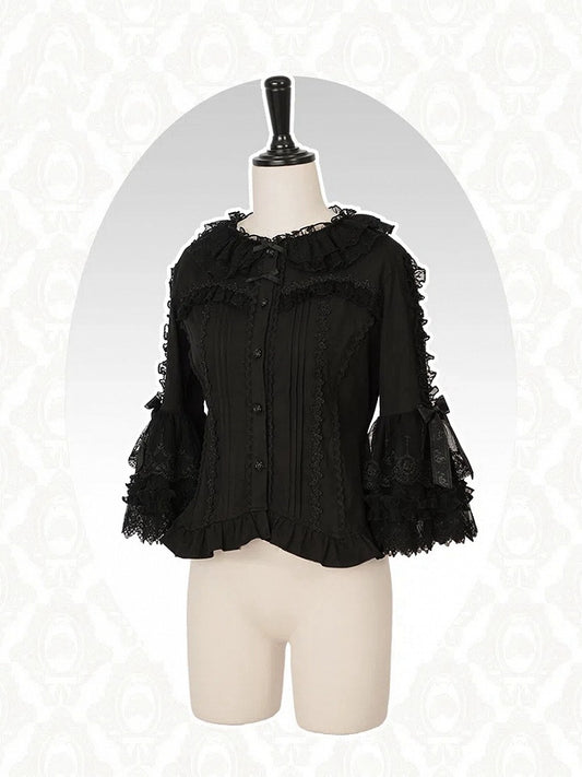 袖付きネックライン ブラック 3/4 ロリータ フリル ブラウス