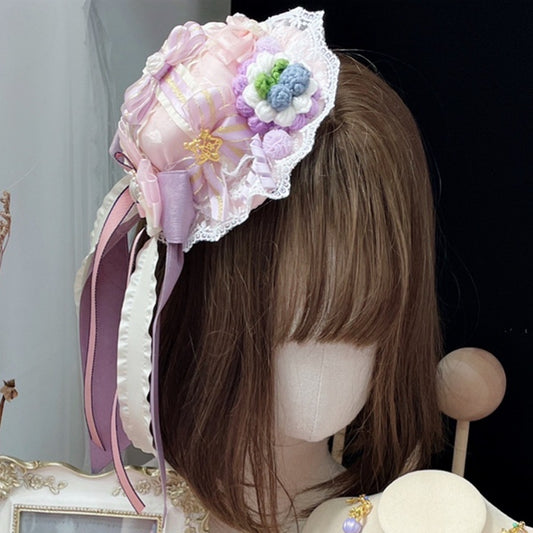 Mini Design Star Blueberry Pink Details And Floral Bowknot Hat Decorated