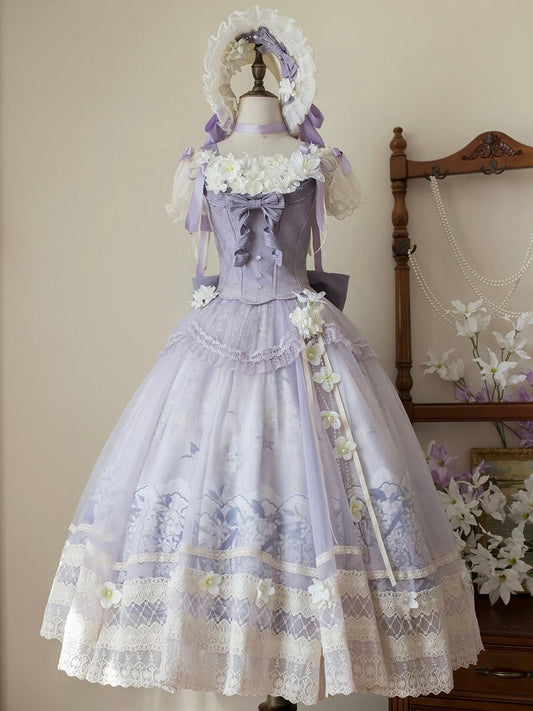 Klassischer Langer Rock Lolita Dekoration + Jasmine Top Print Set Lila Korsett Floral