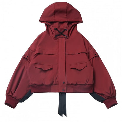 Red and Black Colorblock Sleeves Hooded Crop Jacket