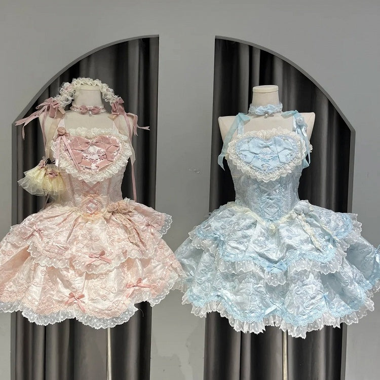 Chest Blue/Pink Heart Decoration Lace Removable Lolita Bow