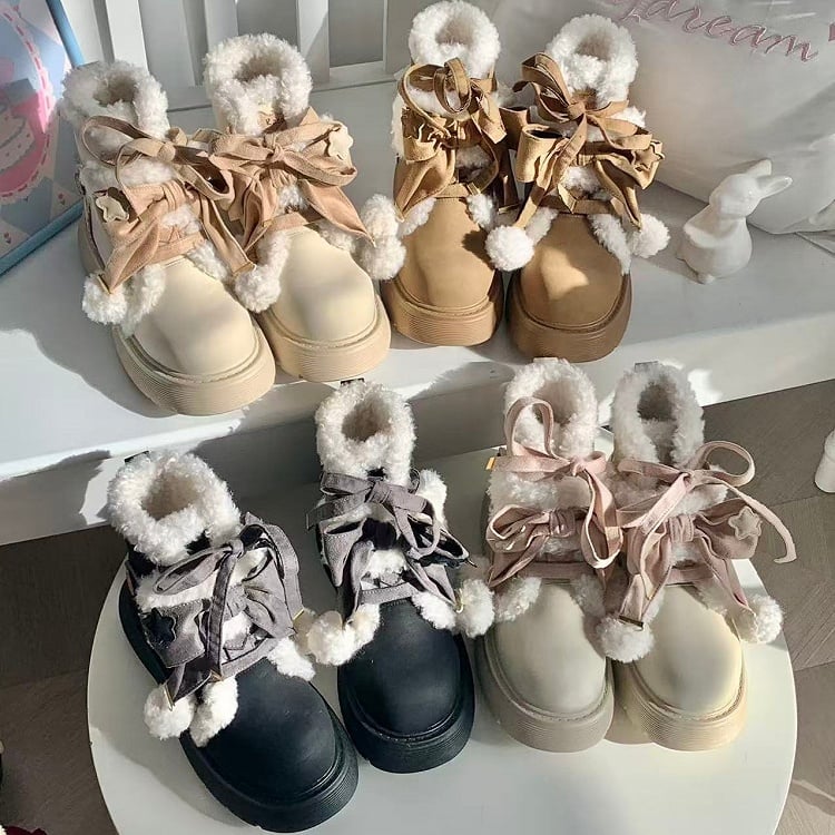 Fleece Winter with 5.5cm System Heel Brown Closure - Hybrid Boots Lolita Cozy Sweet