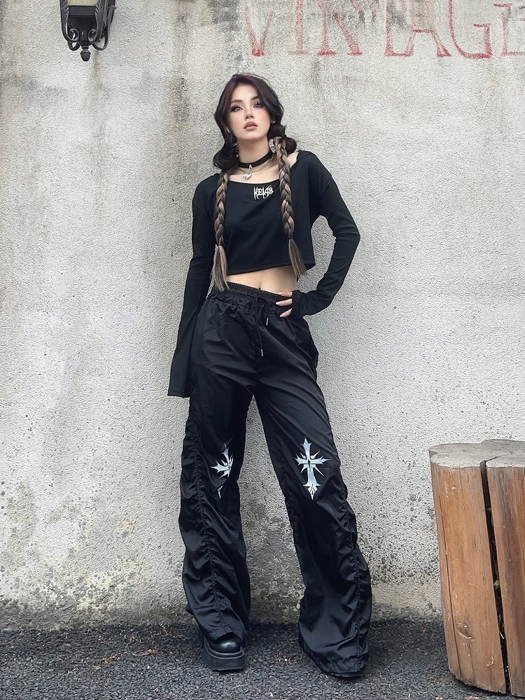 ウエストクロスプリントデザイン ドローストリング ブラック ルーシュ カジュアルパンツ