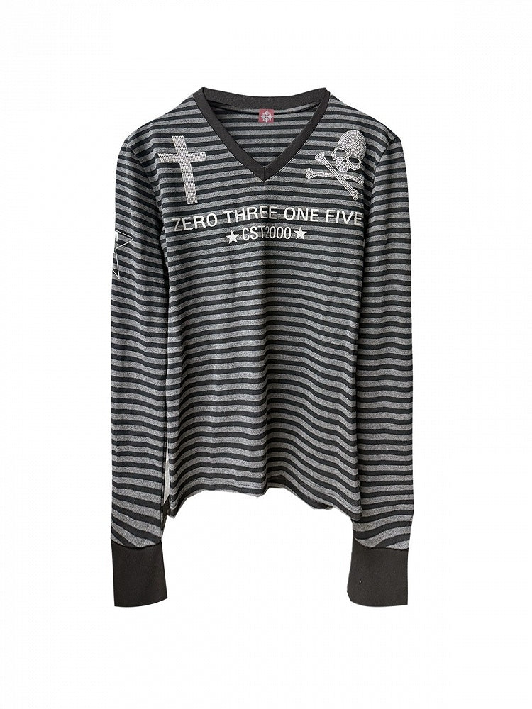 Genderless Black & Gray V-Neck Striped Long-Sleeve Top with Cross & Skull Hotfix Rhinestone Detail - DETW OnLine