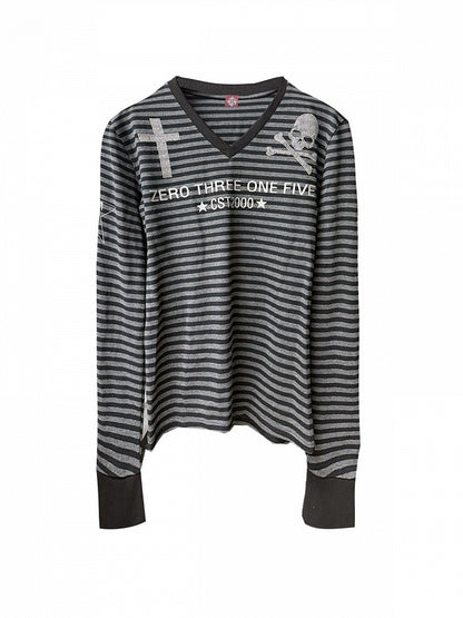 Genderless Black & Gray V-Neck Striped Long-Sleeve Top with Cross & Skull Hotfix Rhinestone Detail - DETW OnLine