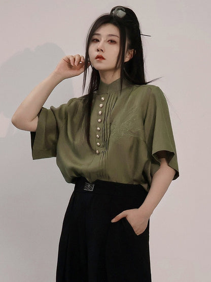 Green Tencel Short Sleeve Shirt with Pleats & Clivia Pattern - Feng Hua Gui Guo Ling