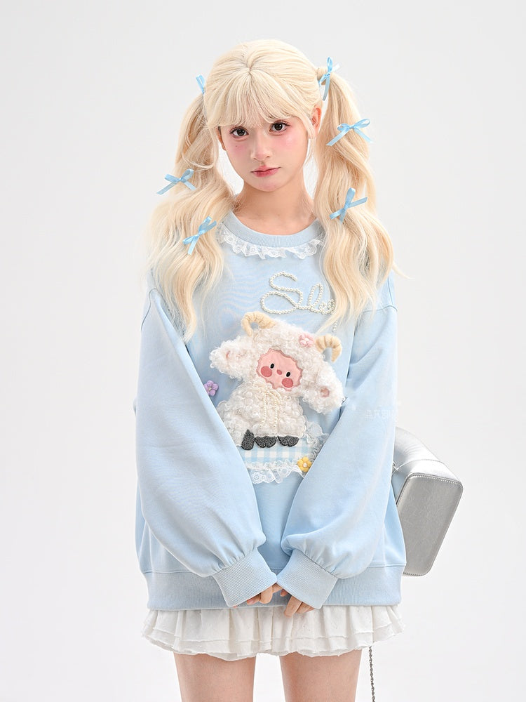 Yume Kawaii Blaues Plüsch-Lamm-Sweatshirt mit Blumenmuster