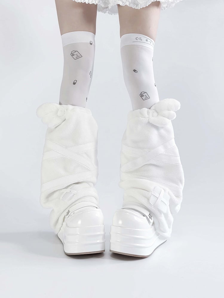 ケイ アップリケ エンジェル ジライ カワイイ ホワイト ヤミ フランネル レッグウォーマー 羽根デザイン クロス