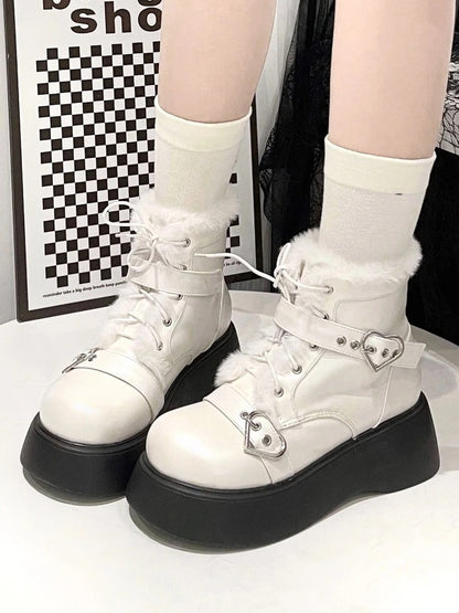 Lining Front Platform Punk Fastener Lace-Up Decorative Plush with White Heart Boots in Style Inner PU