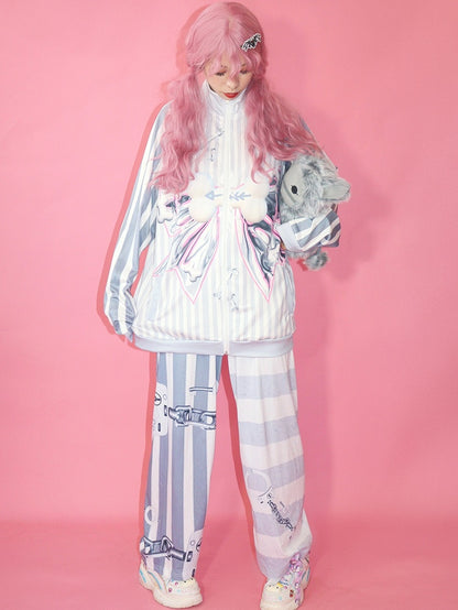 Pattern Striped Fashion Gyaru Gray Jacket Bow Bone Big Print