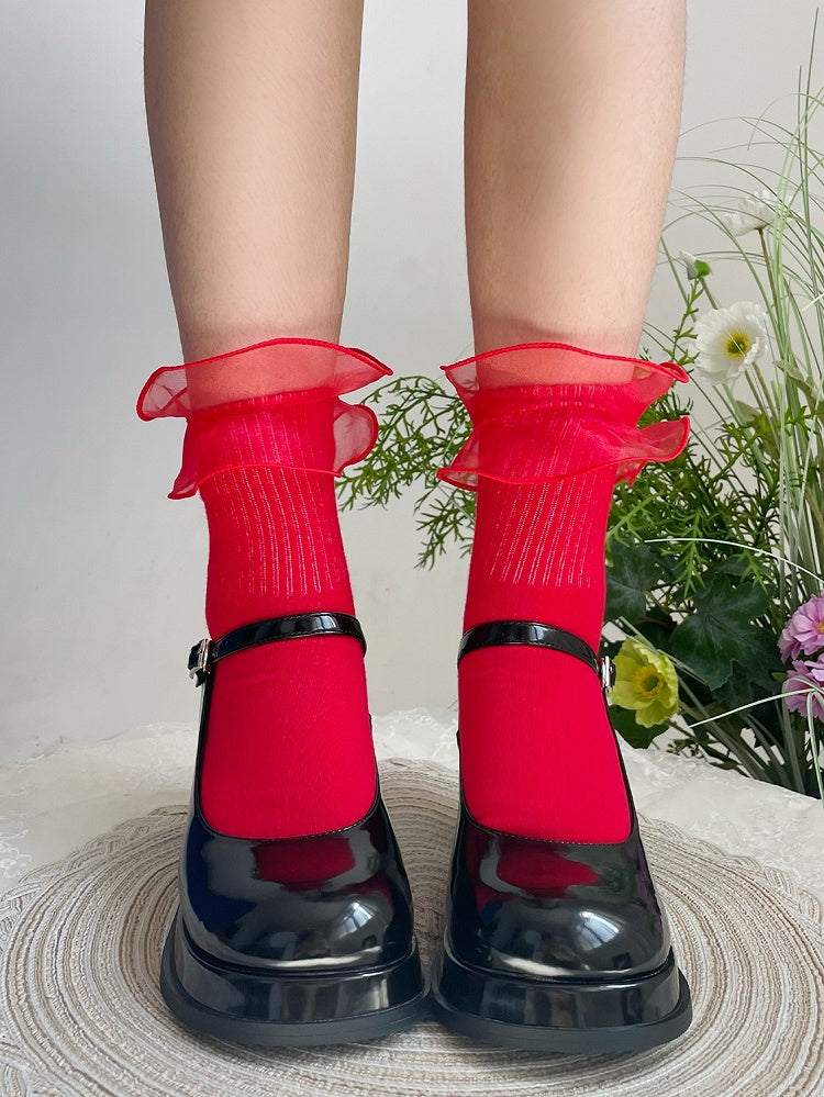 Sweet Lolita Pink Organza Trim Calf Socks