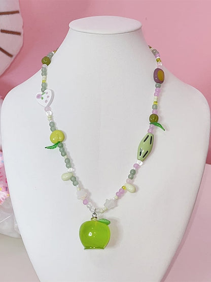 Y2K Pendant Necklace Apple Beaded Green