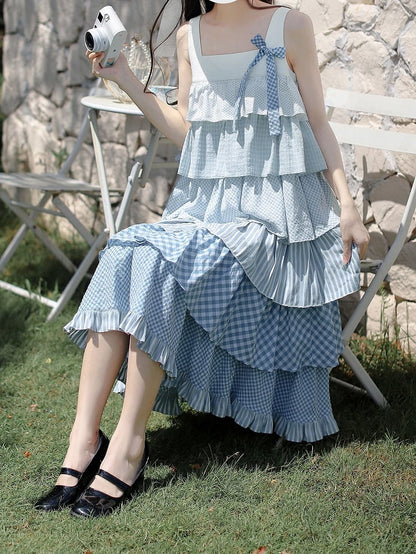 Blue with Patchwork Holiday Waist Sleeveless Dress Tiered Skirt Belt