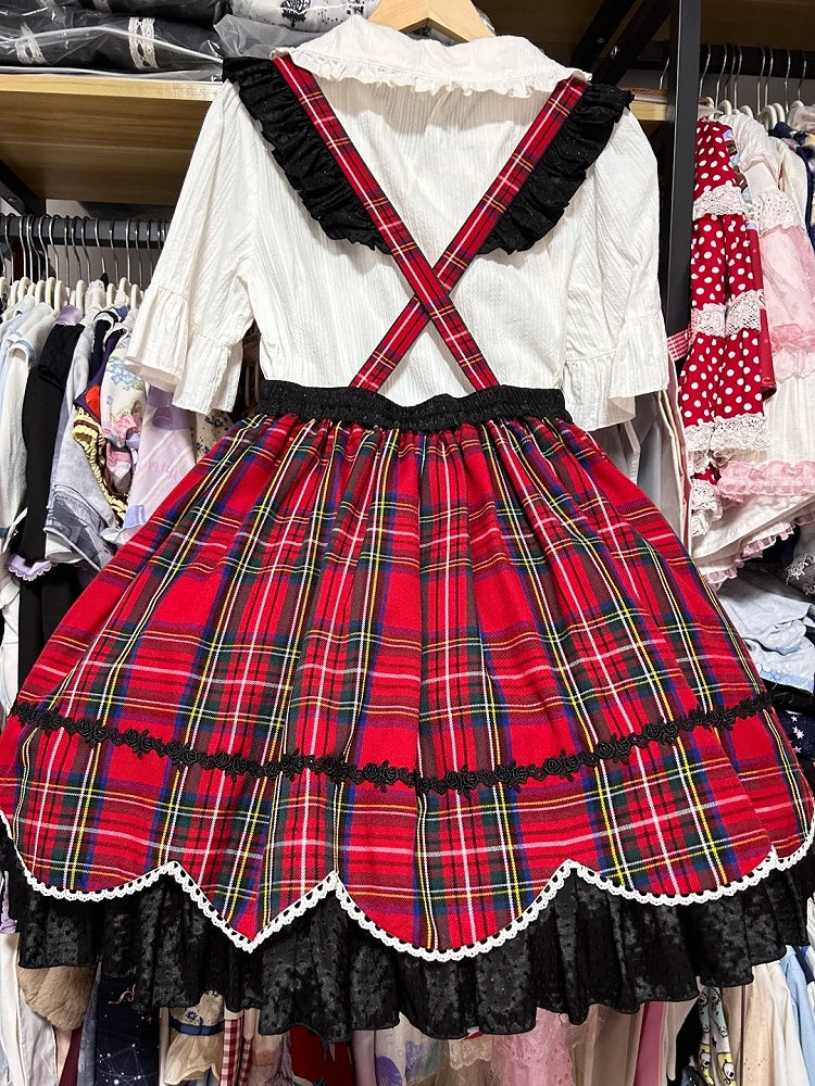 Punk Heart-Bodice Skirt Flutter Bowknots Straps Jumper Lolita with Red Plaid Striped
