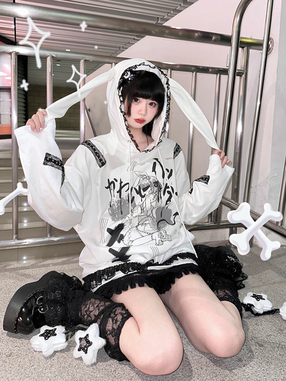 Hoodie with Bunny Ears  Criss-Cross Lace Detail Style White Landmine / Black
