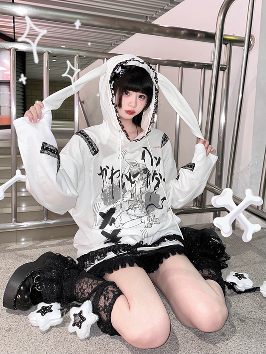 Hoodie with Bunny Ears  Criss-Cross Lace Detail Style White Landmine / Black