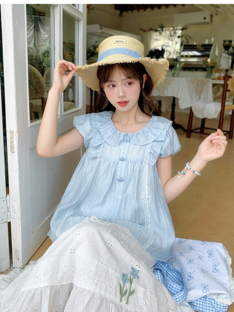 スイートライトブラウス ブルー ピーターパンカラー パフスリーブ