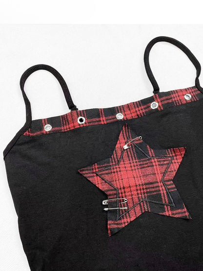 キャミピン ブラックレッド スター Y2K アップリケ トップ 装飾 グラマラス チェック柄