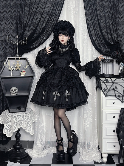 Kuro Black Cross Print Lace Trim Gothic Lolita Puffy Dress Jumper Skirt