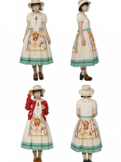 Long White Musical Print Peter Pan Collar OP Dress with Tassels - Crucis Universal Tailor Company
