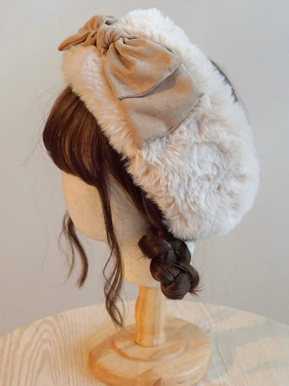 Khaki Plush Hat Bowknot Winter