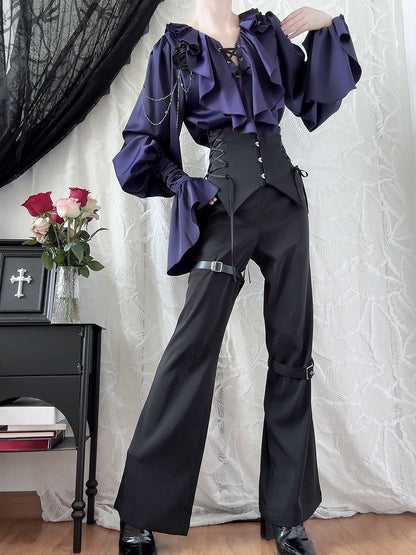 Lilac Lace-Up Ruffle Shirt with Black Flower Chains - Shi Zhi Mao