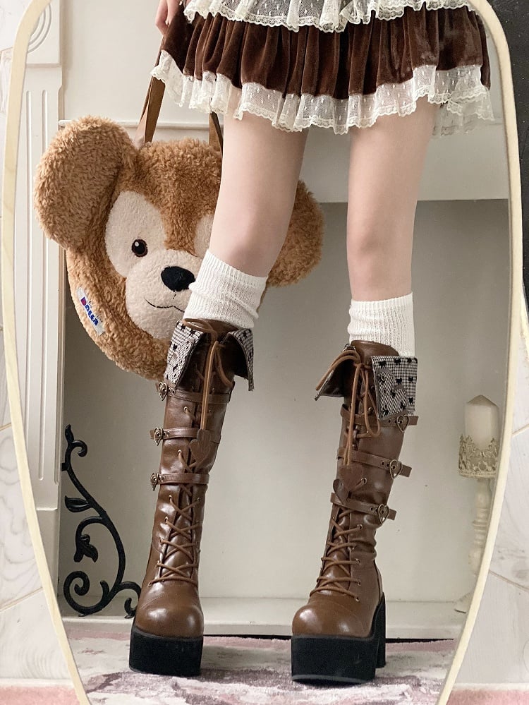 Cuff Heel Caramel Platform Fold-over Boots Block