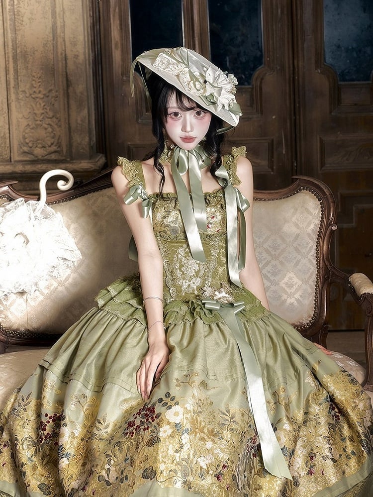 Dark Green Floral Lace Boned Corset with Satin Bow - Yimu Walnut