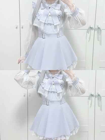 Blue Cape Design Long Sleeve Dress with Lace and Shorts Set - Faded Dolls