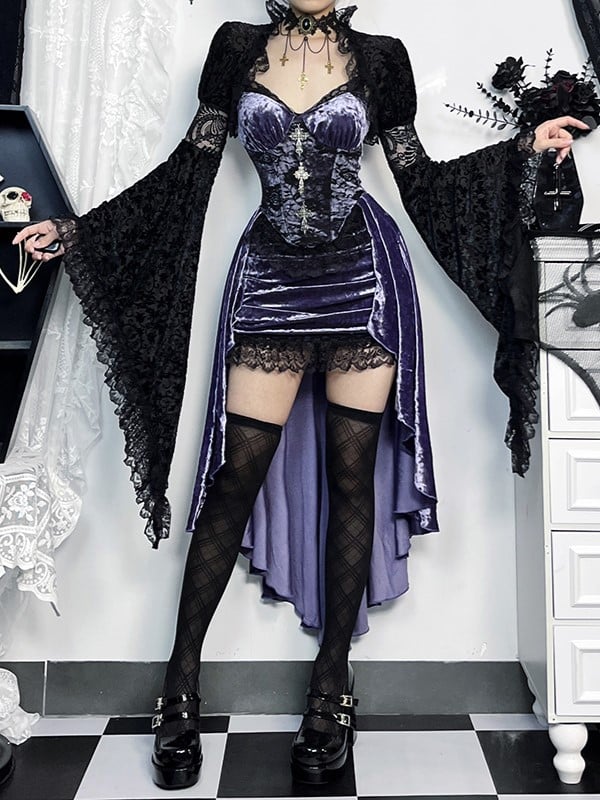 Mermaid Lace Halloween Purple with Dress Slip High-Low Black Cross Gothic Embellishments