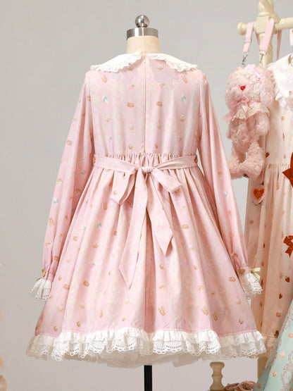 Pink Peter Pan Collar Bear & Cake Print Long-Sleeve OP Dress - Honey Village