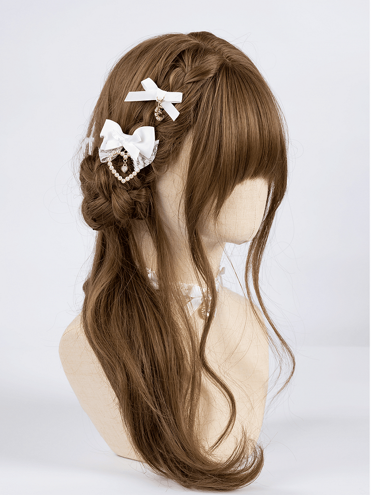 Charm Schleife Haarspangen Jirai Kei Weiß mit Perlen Mond/Herz