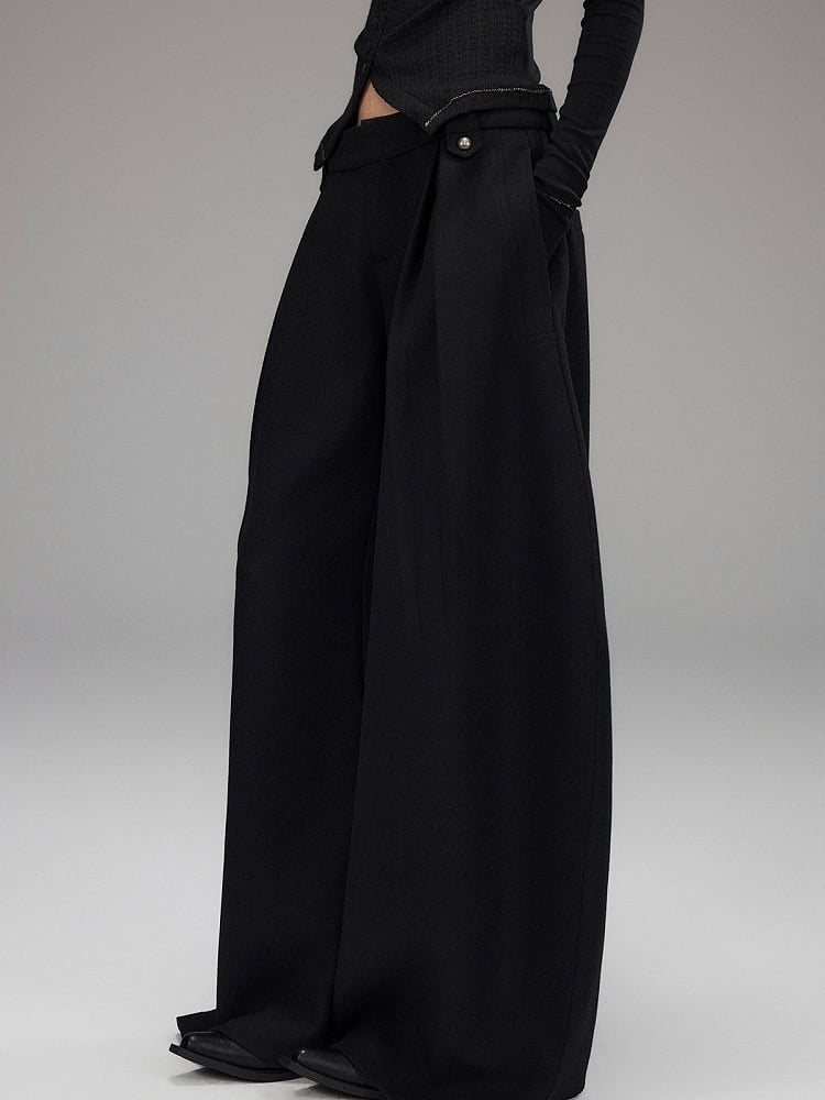 Wide Leg Black Loose Pants with Slant Front Pockets - Low pixel