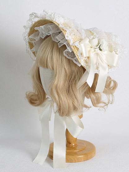 Straw Bowknot Bonnet Lolita Ribbon Colors 7 Lace Country