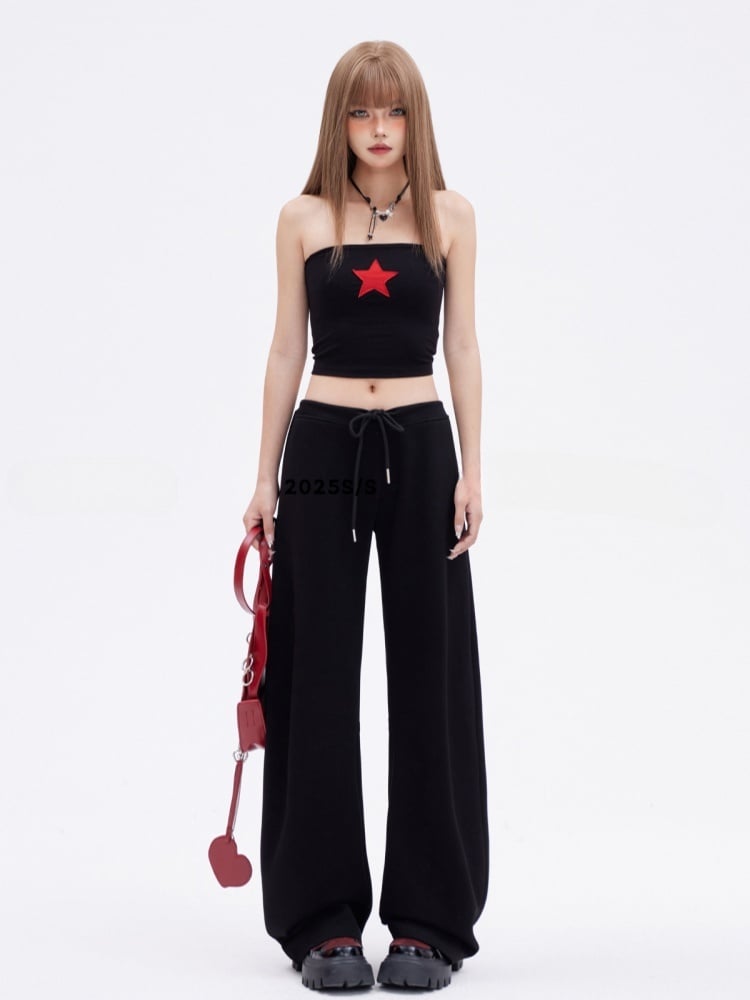 Glamorous Vintage Schwarzes, eng anliegendes Bustier-Top mit rotem Sternenmuster