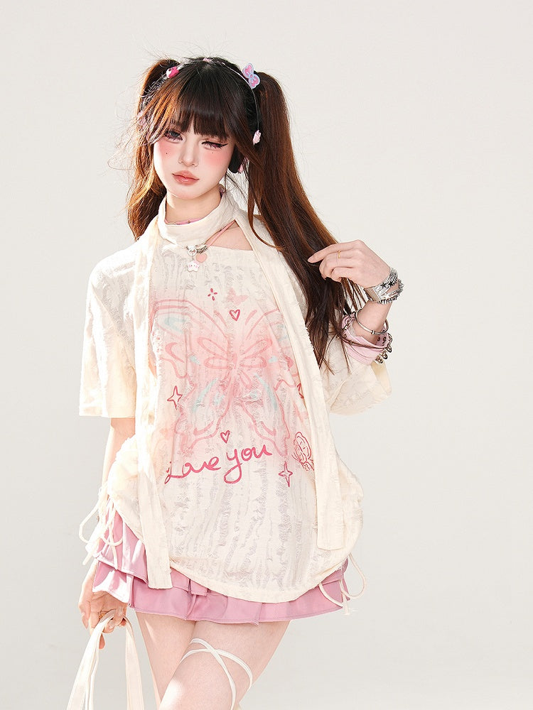 with Butterfly Print Distressed Holes Asymmetrical Apricot T-Shirt Neckline Free Scarf