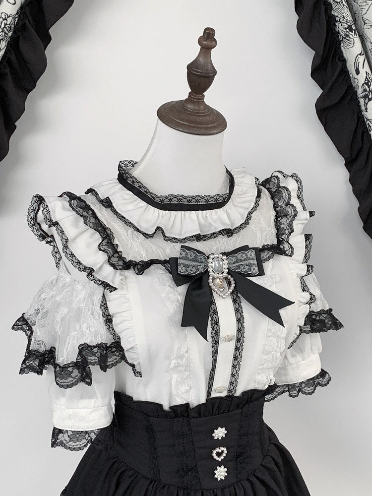 Black & White Jirai-kei Cutout Shoulder Short Sleeve Top with Rhinestone Bow and Lace - Virtual Paradise