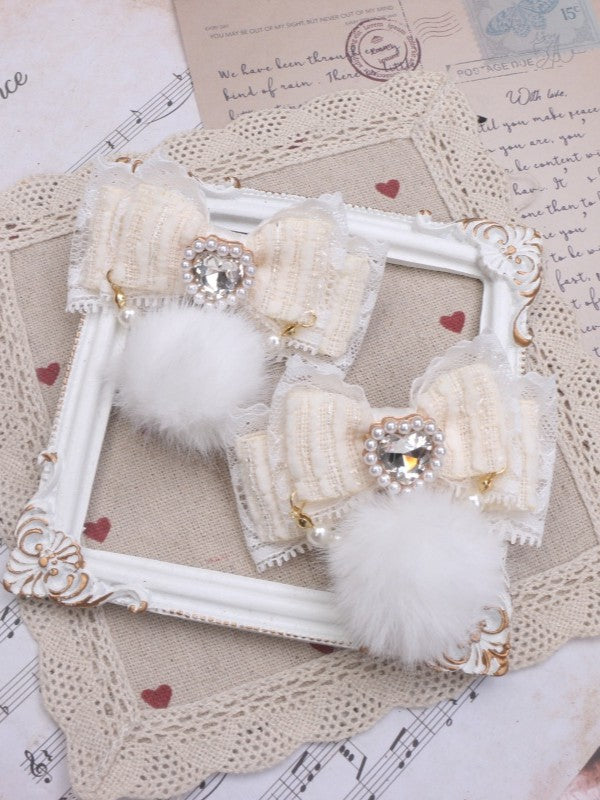 Rhinestone Color Hairclip Bowknot 7 Pearl With Kei Pom-Pom Jirai Heart Options Chain