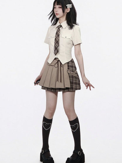 Khaki High Waist Asymmetric Pleated Skirt - PINK SAVIOR