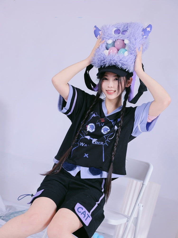 ワンダラーファンアート ブラック キュート キティプリント Vネック Tシャツ