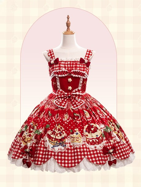 Strawberry Trim with Red JSK Eyelet Cake Lolita Dress Scalloped Print