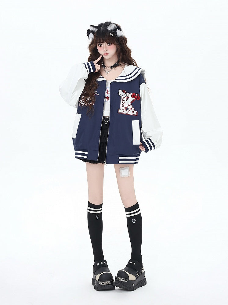 Navy Blue/Gray Sailor Collar Kitty Embroidered Baseball Jacket