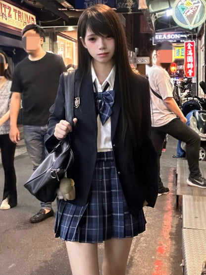 Blazer Button Preppy JK Manschetten verziert blau Stil Abzeichen Uniform dunkles Design