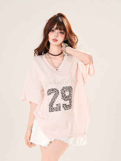 Pink Beaded Letter Leopard Pattern Number V-Neck T-Shirt