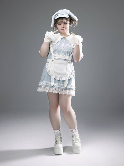 エプロンショルダーストラップ ホワイト セルフタイリボン バックフリルトリム 調節可能